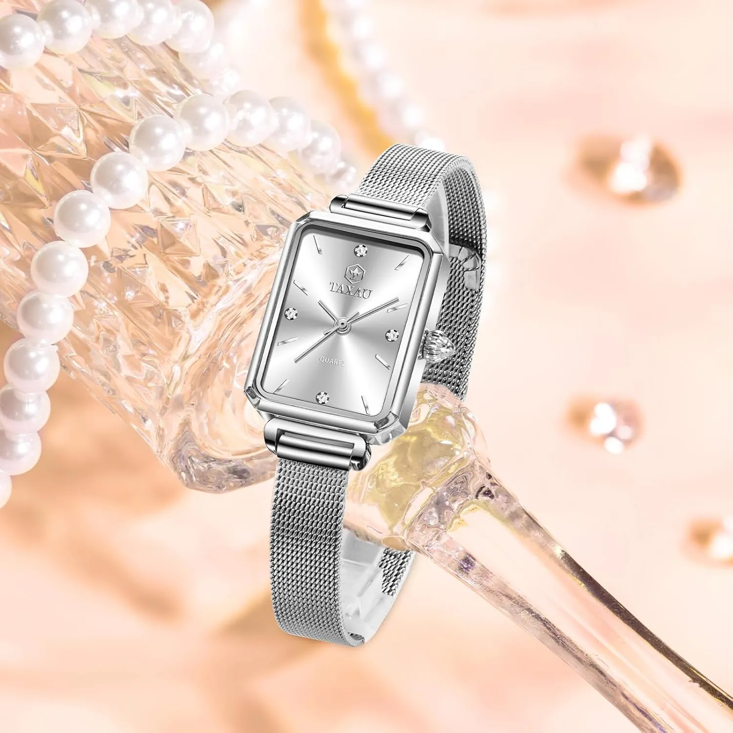 for Women,Classisc Dial Mesh Bractelet Ladies for Small Wrists Rectangle Face,Exquisite Crown,Vintage Waterproof,reloj substantial para Mujer Stainless Steel Watches 