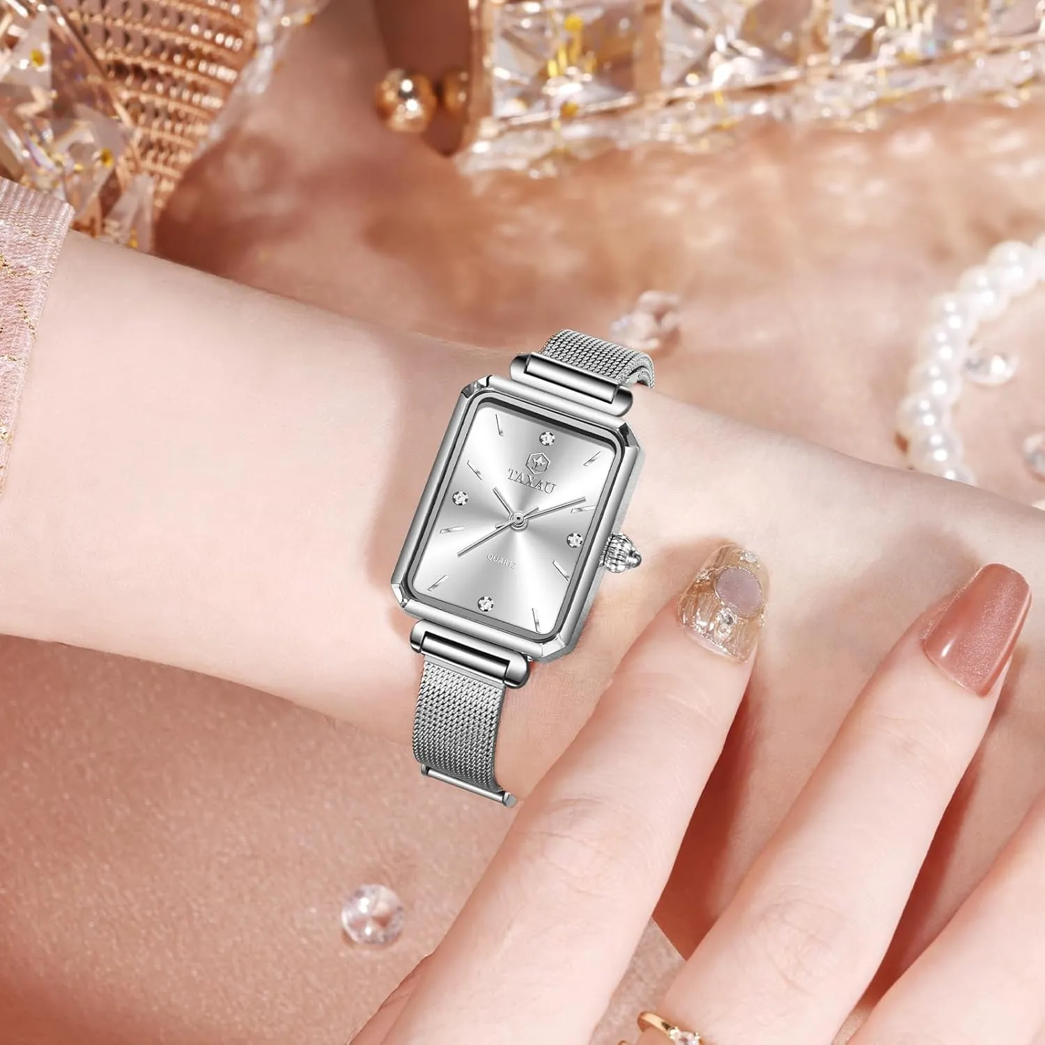 for Women,Classisc Dial Mesh Bractelet Ladies for Small Wrists Rectangle Face,Exquisite Crown,Vintage Waterproof,reloj substantial para Mujer Stainless Steel Watches 