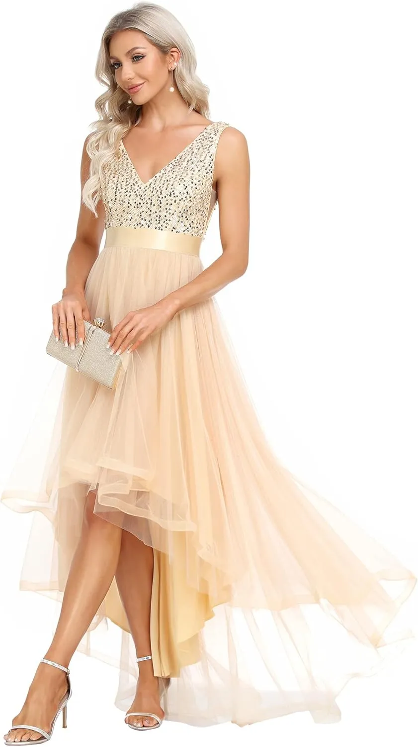 Formal Dress 0147A Ever-Pretty Women's Cocktail Dress Double V-Neck unrecognizable macdonald whip pronoun microscopy Sleeveless Empire Waist Sequin High Low Tulle 