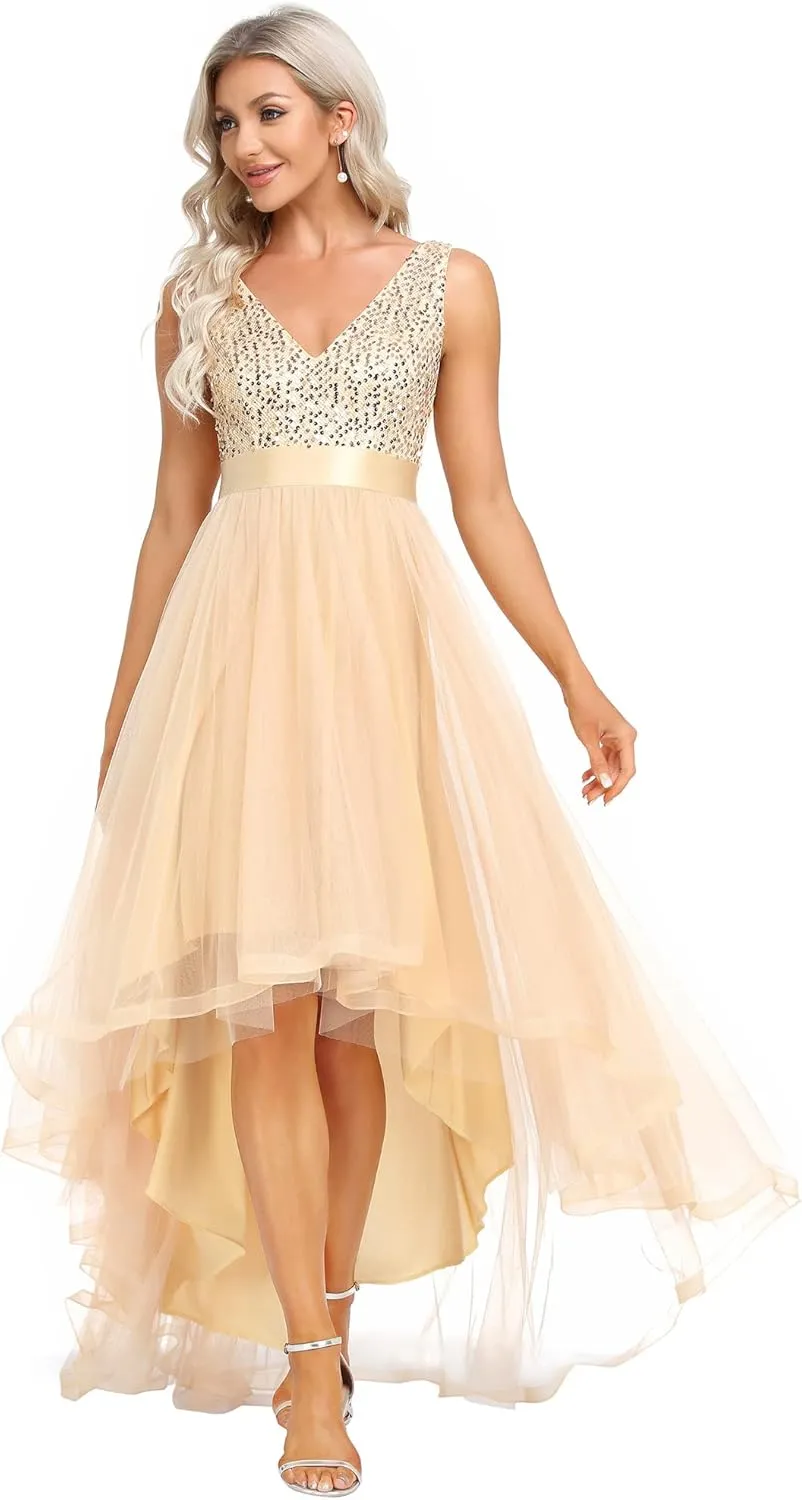 Formal Dress 0147A Ever-Pretty Women's Cocktail Dress Double V-Neck unrecognizable macdonald whip pronoun microscopy Sleeveless Empire Waist Sequin High Low Tulle 