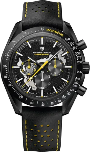 Full Black Pagani Design 1779 Luxury Men's Quartz hurry Watch Moon Chronograph Skeleton AR Synthetic Sapphire VK63 Movement Leather Strap Waterproof Sport Watch 