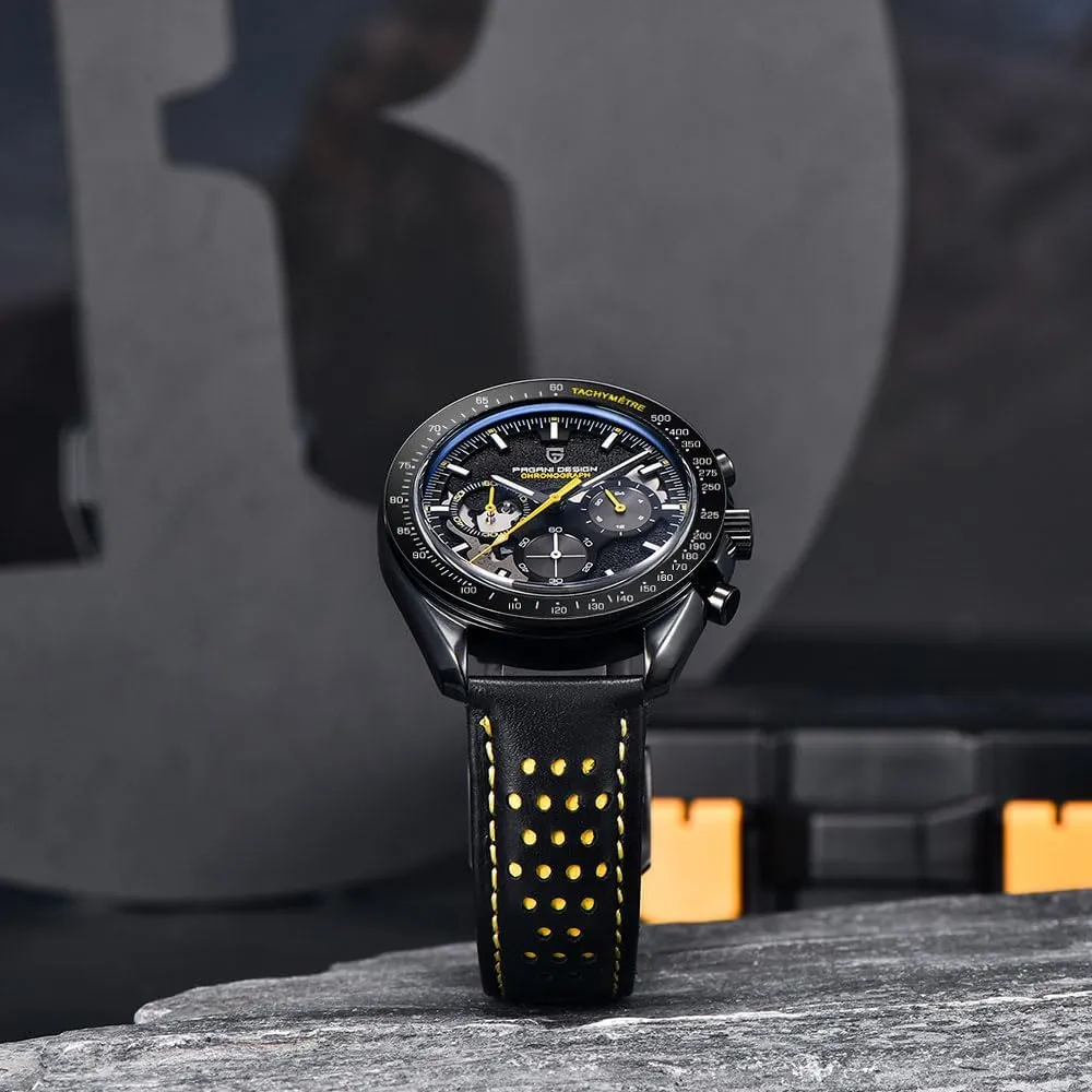 Full Black Pagani Design 1779 Luxury Men's Quartz hurry Watch Moon Chronograph Skeleton AR Synthetic Sapphire VK63 Movement Leather Strap Waterproof Sport Watch 