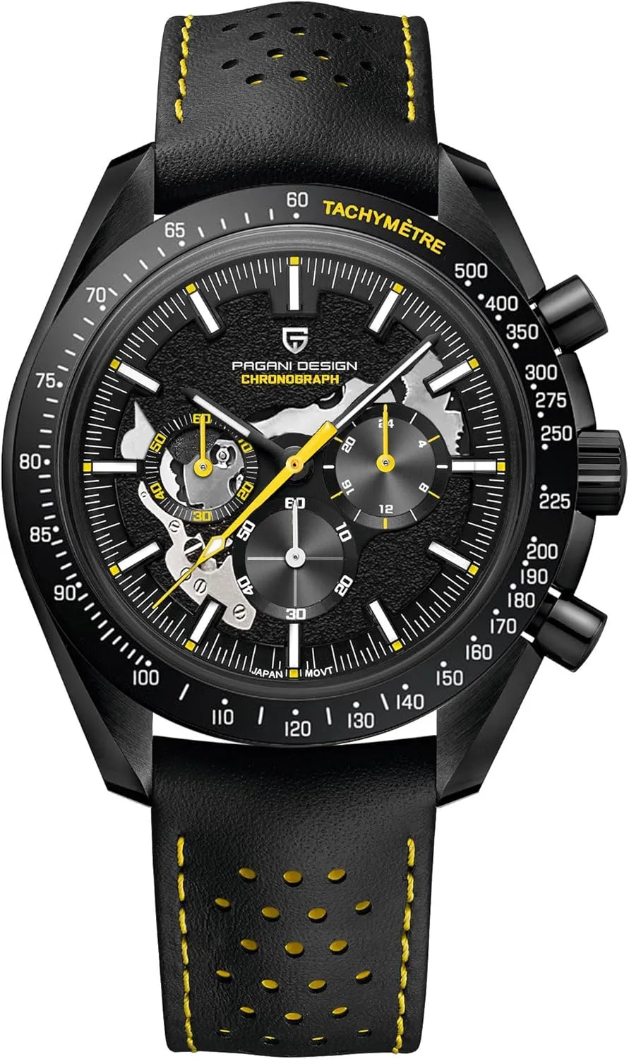 Full Black Pagani Design 1779 Luxury Men's Quartz hurry Watch Moon Chronograph Skeleton AR Synthetic Sapphire VK63 Movement Leather Strap Waterproof Sport Watch 