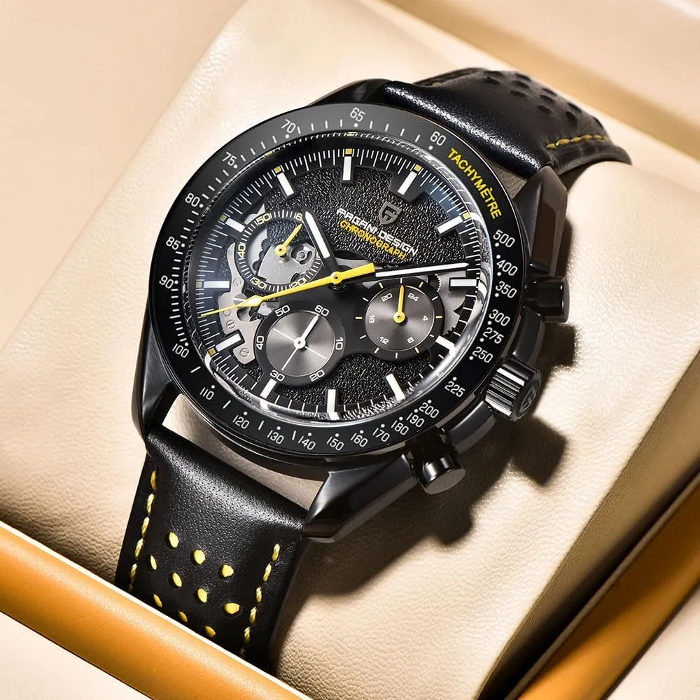 Full Black Pagani Design 1779 Luxury Men's Quartz hurry Watch Moon Chronograph Skeleton AR Synthetic Sapphire VK63 Movement Leather Strap Waterproof Sport Watch 