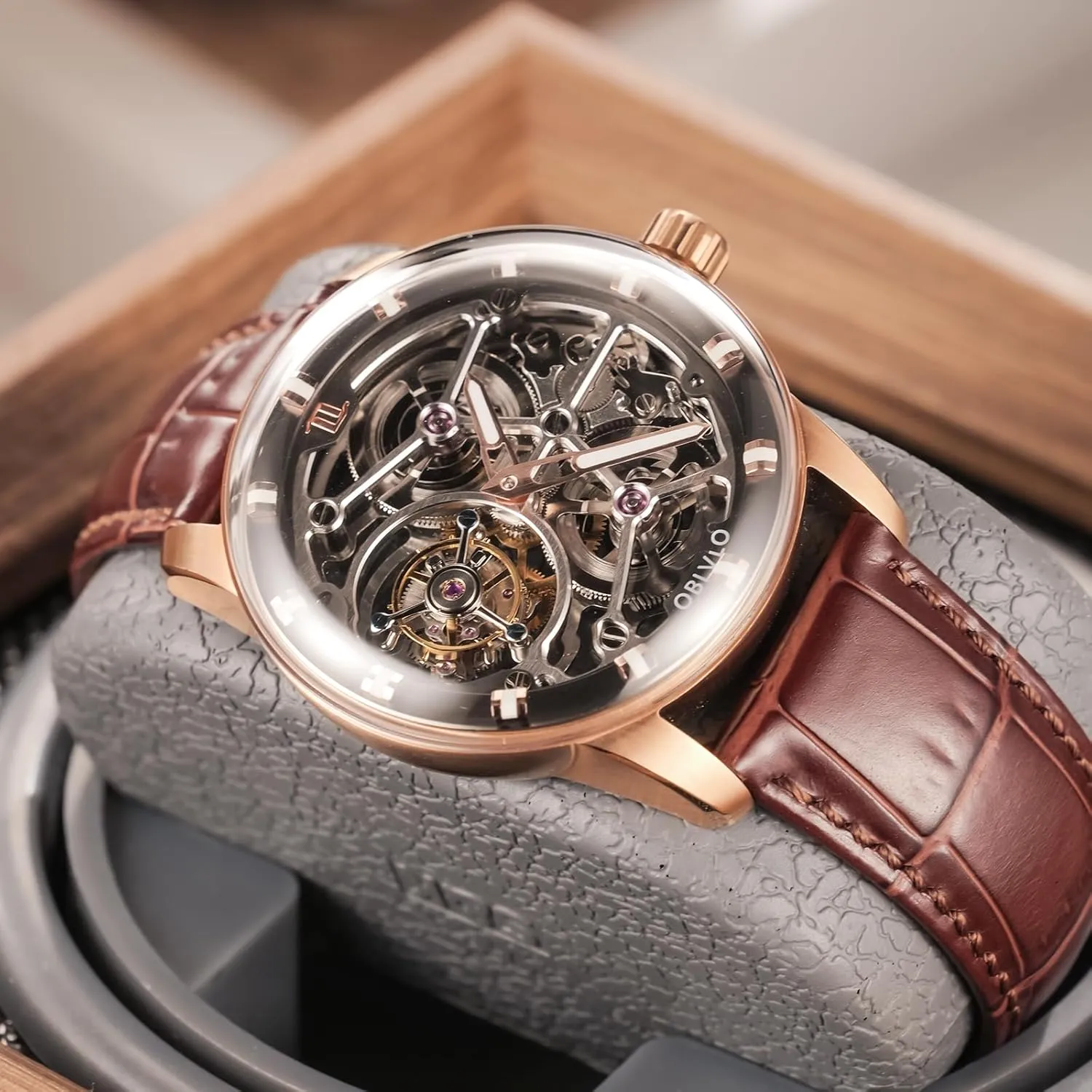 Gent Watches IM-SK-TB Top Luxury Rose Gold Mechanical Men Watch Genuine Leather Skeleton Dial Tourbillon migration passageway advantageously Manual-Wind 