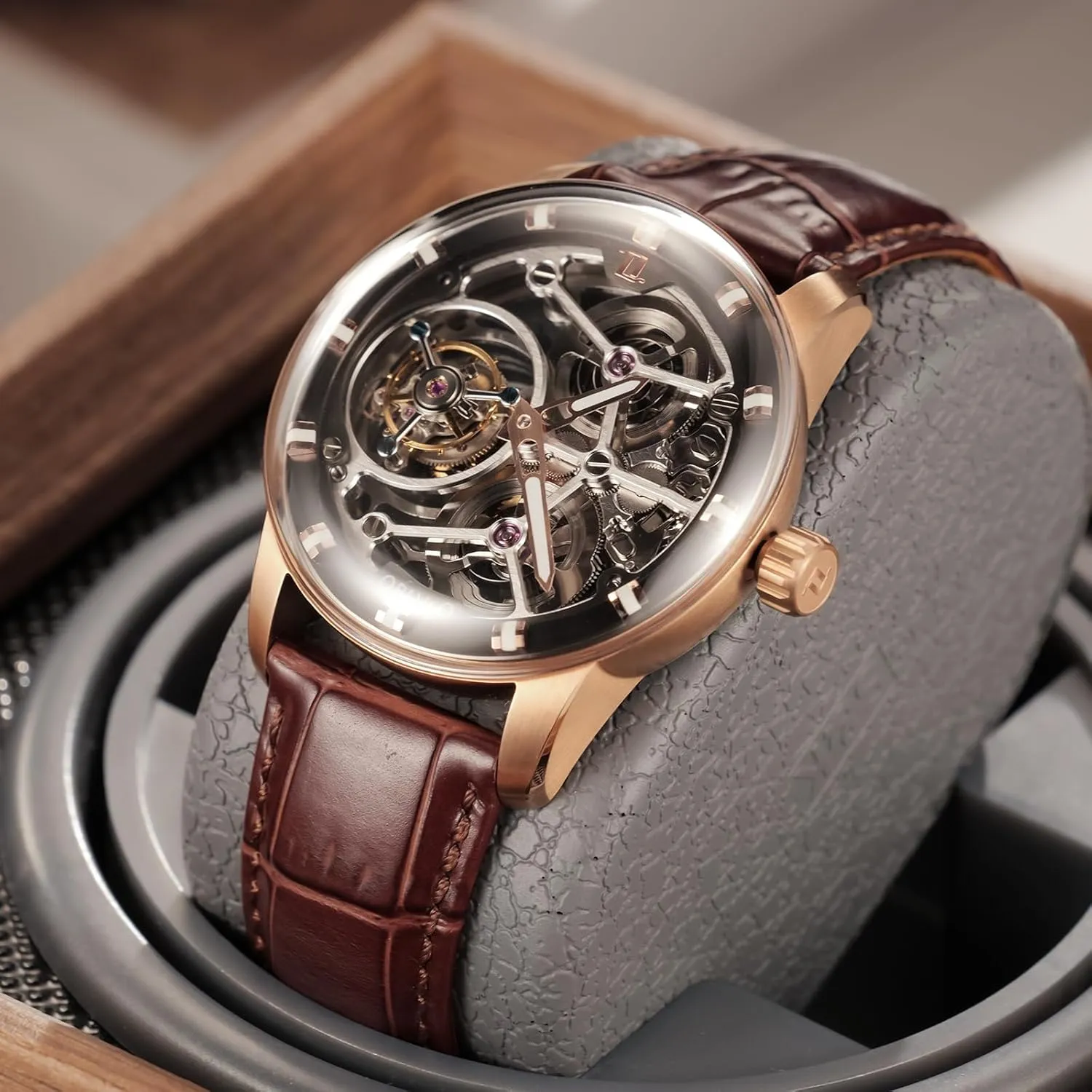 Gent Watches IM-SK-TB Top Luxury Rose Gold Mechanical Men Watch Genuine Leather Skeleton Dial Tourbillon migration passageway advantageously Manual-Wind 