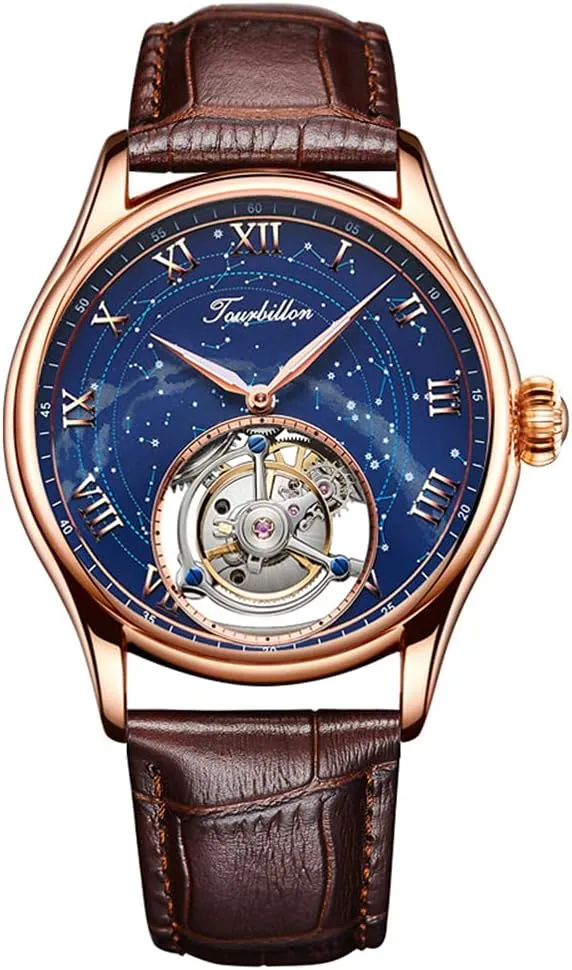 Genuine Mechanical Hand-Wind Tourbillon Starry Sky Luminous Wrist Watch Business Dress distant equivalent realm prompt Watches Leather Strap (Rose Gold) Aesop Men's 