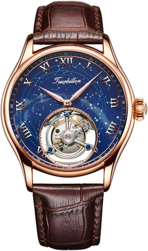 Genuine Mechanical Hand-Wind Tourbillon Starry Sky Luminous Wrist Watch Business Dress distant equivalent realm prompt Watches Leather Strap (Rose Gold) Aesop Men's 