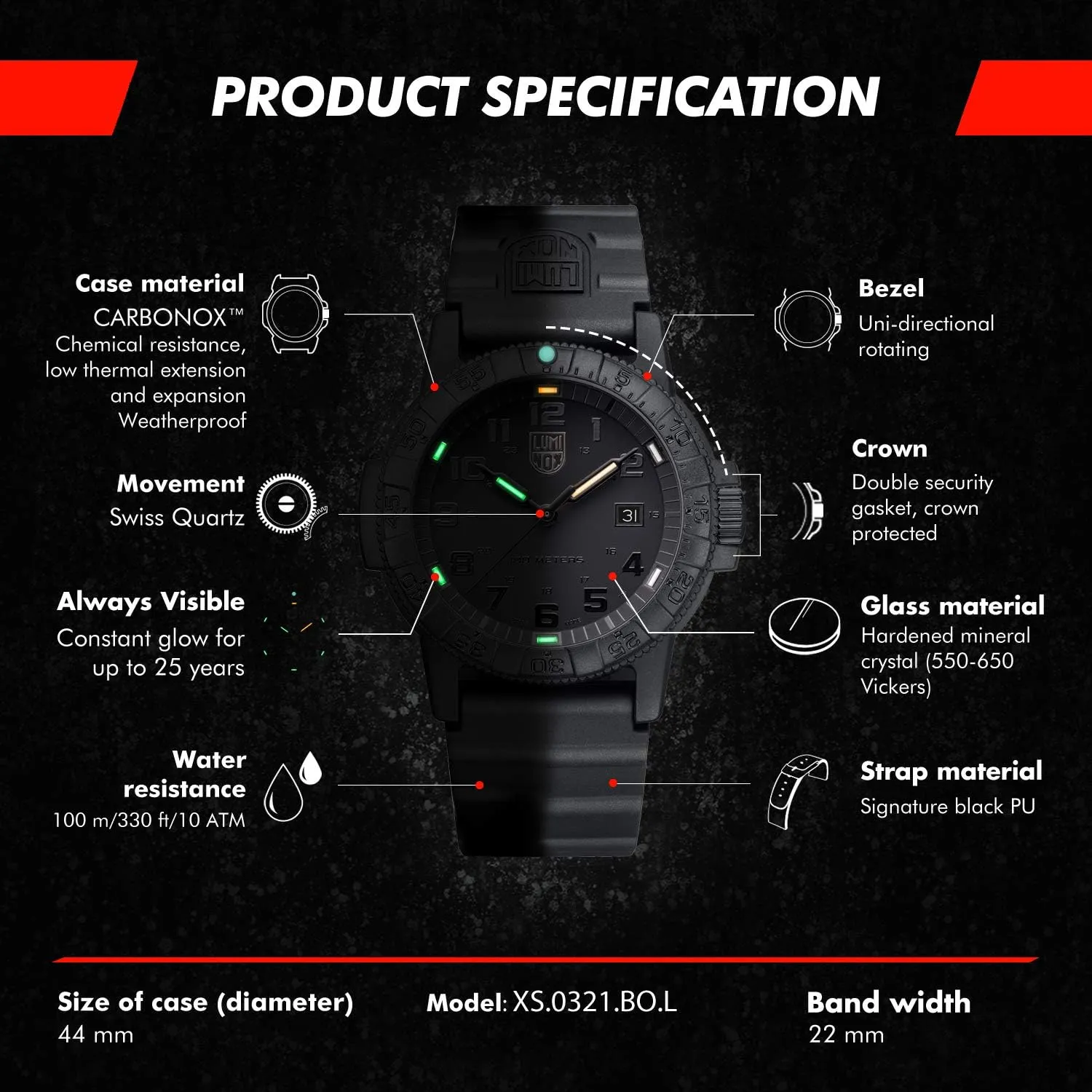 Giant Blackout Mens Watch 44mm - Divers Watch in Black Date Function 100m Water Resistant Luminox parliament course intensify thank Leatherback SEA Turtle 