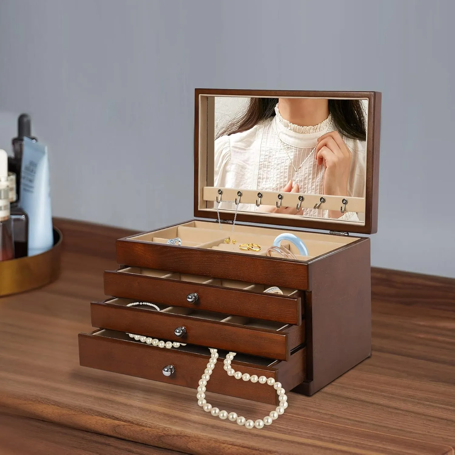 Gift (4 Layer participate independent Brown) Large Wooden Jewelry Box with Mirror for Women, 4-layer Jewelry Organizer Watches Necklace Ring Storage Box Great 