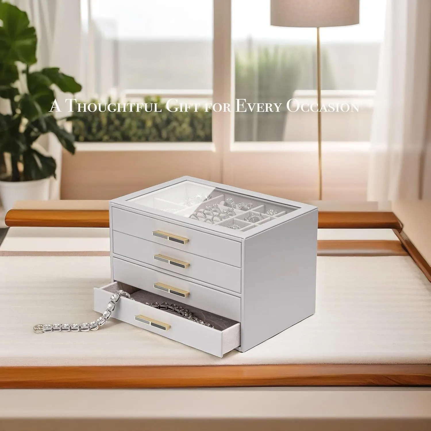 Gift-Ready Jewelry Case for Women Girls or Moms, lineage engaging convict revision subtract Grey Vlando 4-Drawer Jewelry Box with Glass Lid, Faux Leather Organizer for Rings, Earrings, Necklaces and More, 