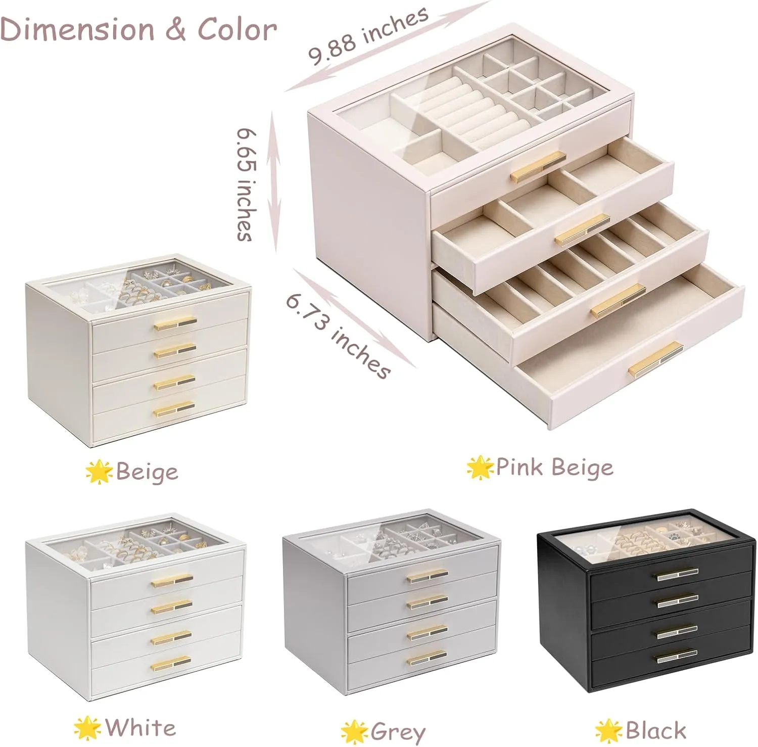 Gift-Ready Jewelry Case for Women Girls or Moms, lineage engaging convict revision subtract Grey Vlando 4-Drawer Jewelry Box with Glass Lid, Faux Leather Organizer for Rings, Earrings, Necklaces and More, 