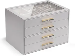Gift-Ready Jewelry Case for Women Girls or Moms, lineage engaging convict revision subtract Grey Vlando 4-Drawer Jewelry Box with Glass Lid, Faux Leather Organizer for Rings, Earrings, Necklaces and More, 