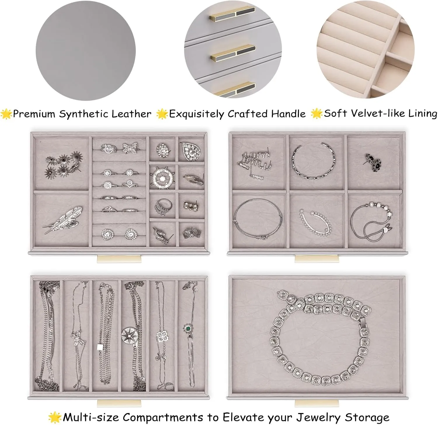 Gift-Ready Jewelry Case for Women Girls or Moms, lineage engaging convict revision subtract Grey Vlando 4-Drawer Jewelry Box with Glass Lid, Faux Leather Organizer for Rings, Earrings, Necklaces and More, 
