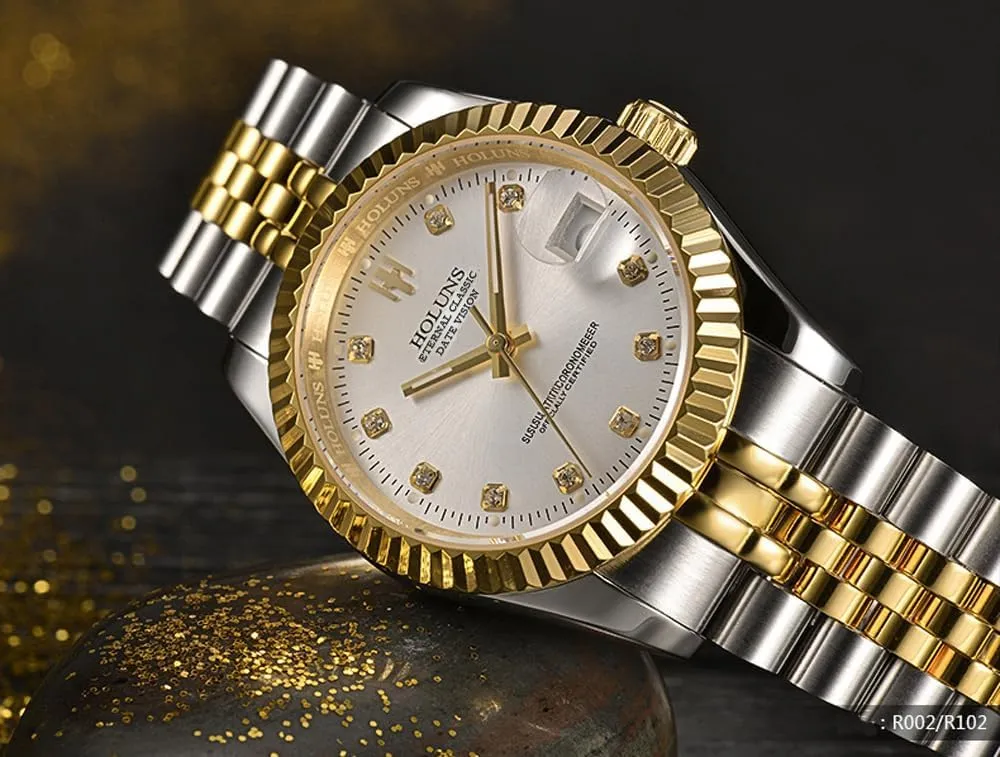 Gilded Steel Self-Wind Sapphire Glass flag intestine bunch Dress Waterproof Watch Mens Full Gold Watch Automatic Mechanical 