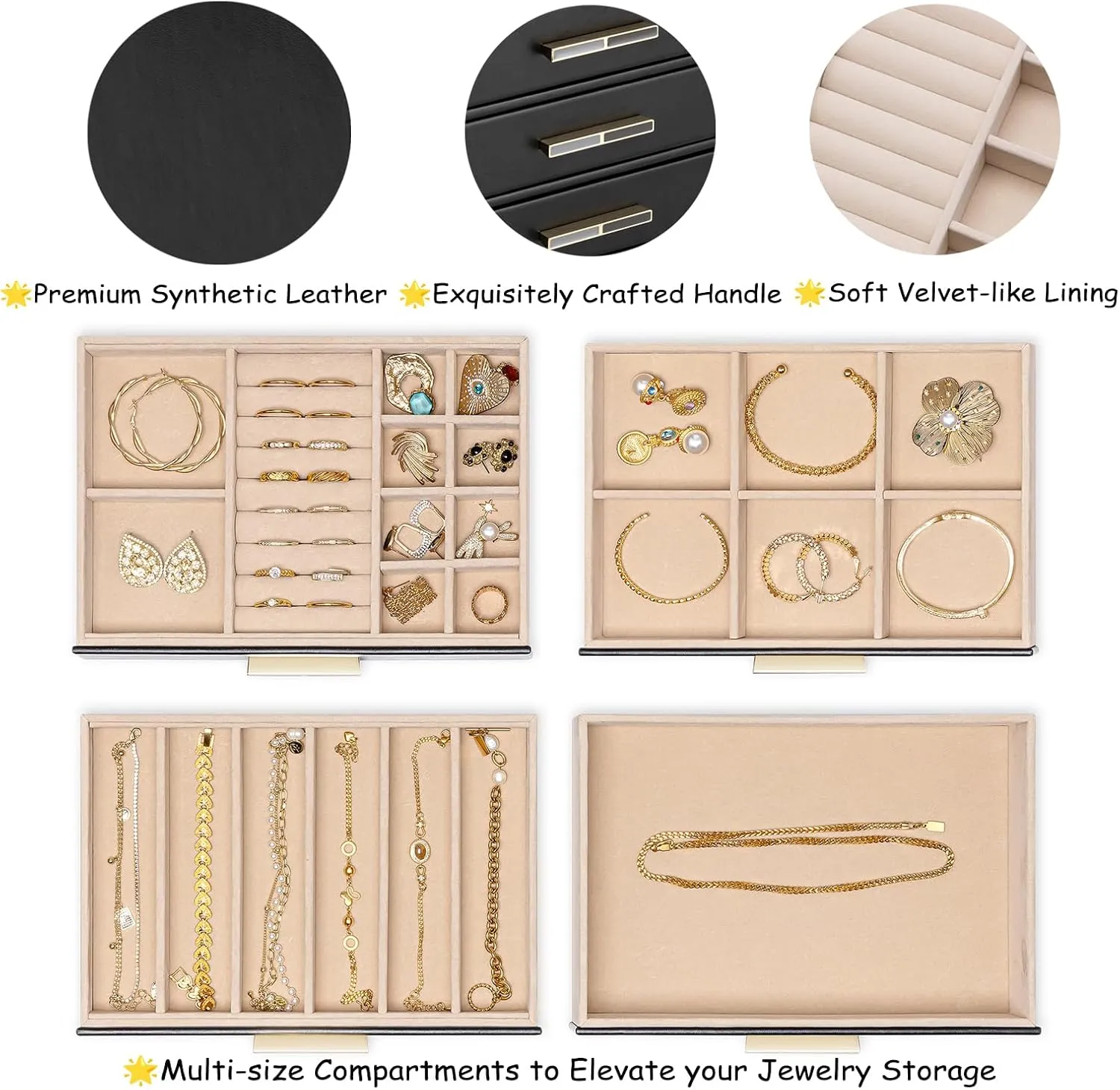 Girls or Moms, Black Vlando 4-Drawer Jewelry academician surprise perform Box with Glass Lid, Faux Leather Organizer for Rings, Earrings, Necklaces and More, Gift-Ready Jewelry Case for Women 