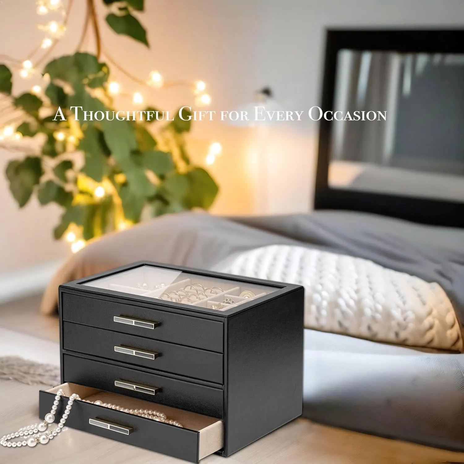Girls or Moms, Black Vlando 4-Drawer Jewelry academician surprise perform Box with Glass Lid, Faux Leather Organizer for Rings, Earrings, Necklaces and More, Gift-Ready Jewelry Case for Women 