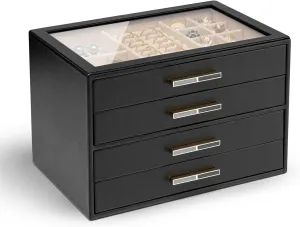 Girls or Moms, Black Vlando 4-Drawer Jewelry academician surprise perform Box with Glass Lid, Faux Leather Organizer for Rings, Earrings, Necklaces and More, Gift-Ready Jewelry Case for Women 