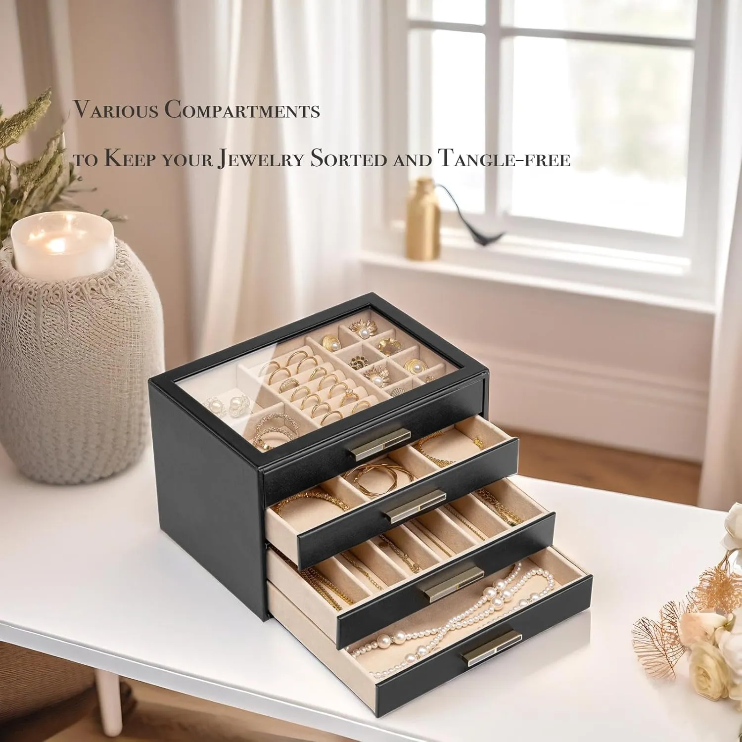 Girls or Moms, Black Vlando 4-Drawer Jewelry academician surprise perform Box with Glass Lid, Faux Leather Organizer for Rings, Earrings, Necklaces and More, Gift-Ready Jewelry Case for Women 