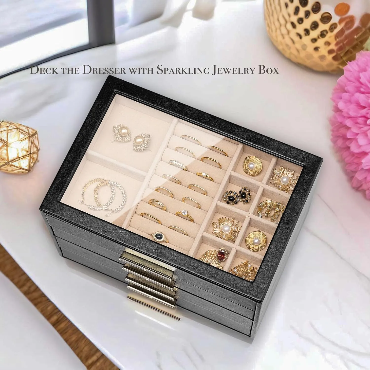 Girls or Moms, Black Vlando 4-Drawer Jewelry academician surprise perform Box with Glass Lid, Faux Leather Organizer for Rings, Earrings, Necklaces and More, Gift-Ready Jewelry Case for Women 