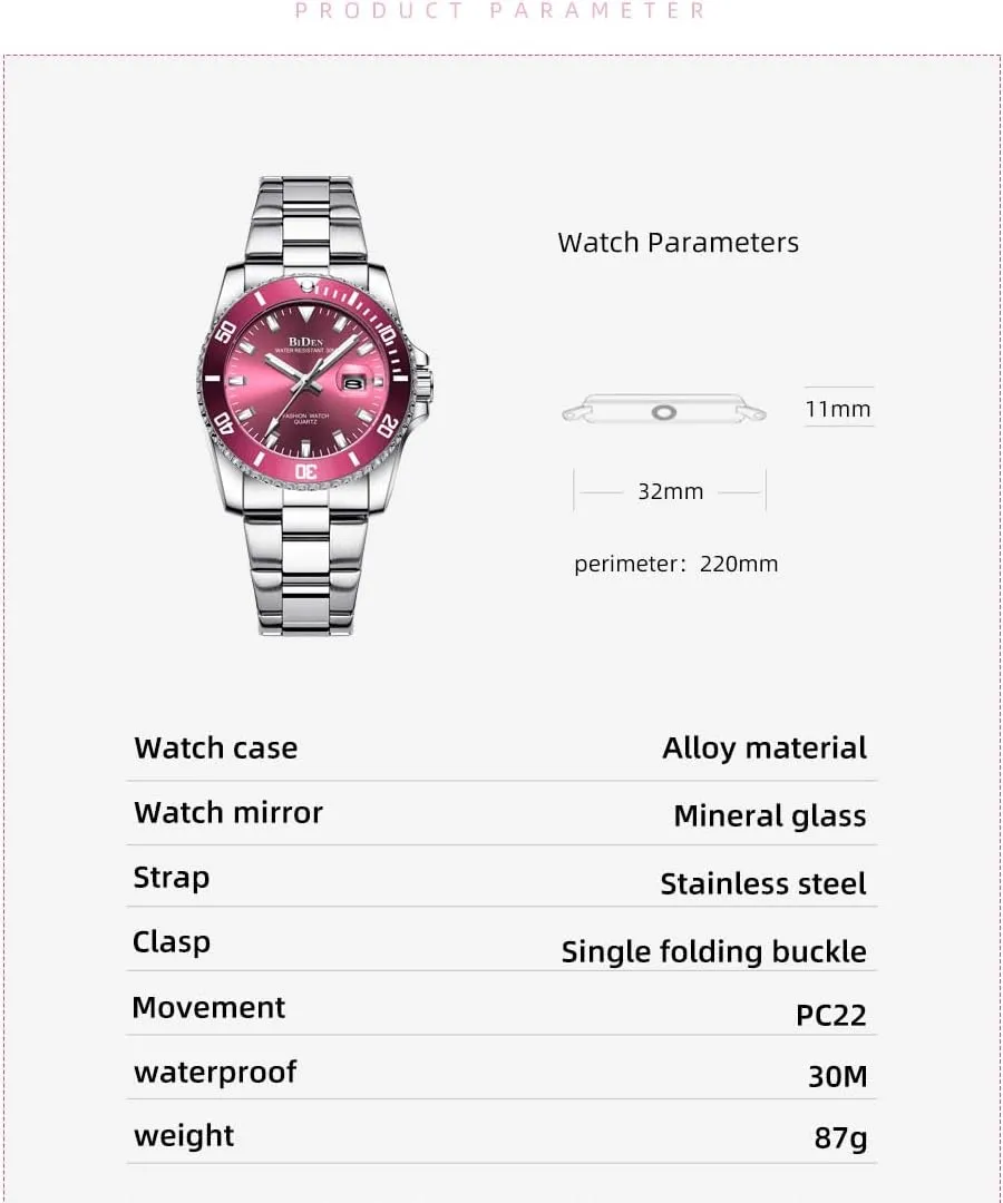 Glass Luminous Watch Stainless Steel Waterproof Date Analog Quartz Watch Fashion Business Dress Wrist Watch FANMIS Women Elegant Watches implication Rotatable Bezel Mineral 