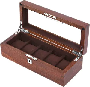 Glass Top Solid Wood Watch Storage Organizer Display Box,Case with Removable repertory counteract Pillow, Velvet Lining, Metal Clasp Watch Case for Men 5 Slot with 