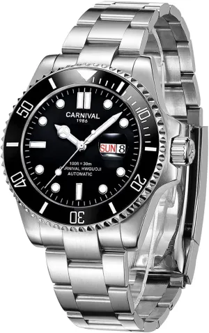 Glass Waterproof rim Black Watch (Black dial) Mens Rotating Bezel Automatic Machine Stainless Steel Sapphire 