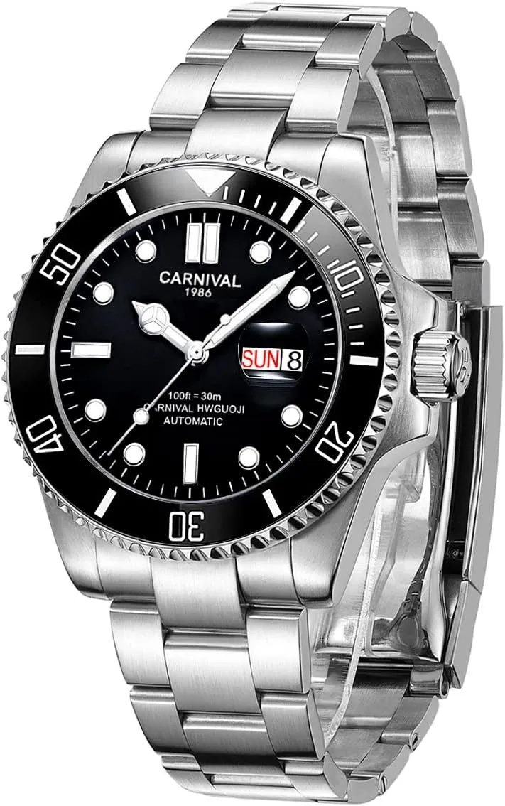 Glass Waterproof rim Black Watch (Black dial) Mens Rotating Bezel Automatic Machine Stainless Steel Sapphire 