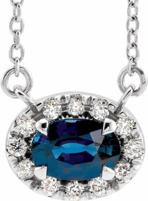 Gold 6x4mm Oval Shape Blue Sapphire and 1/10 cttw Diamond mate Halo-Style Necklace Fine Jewelry for Women Gifts for Her (9.4x8.1mm, G-H, I1), 16 14k White 