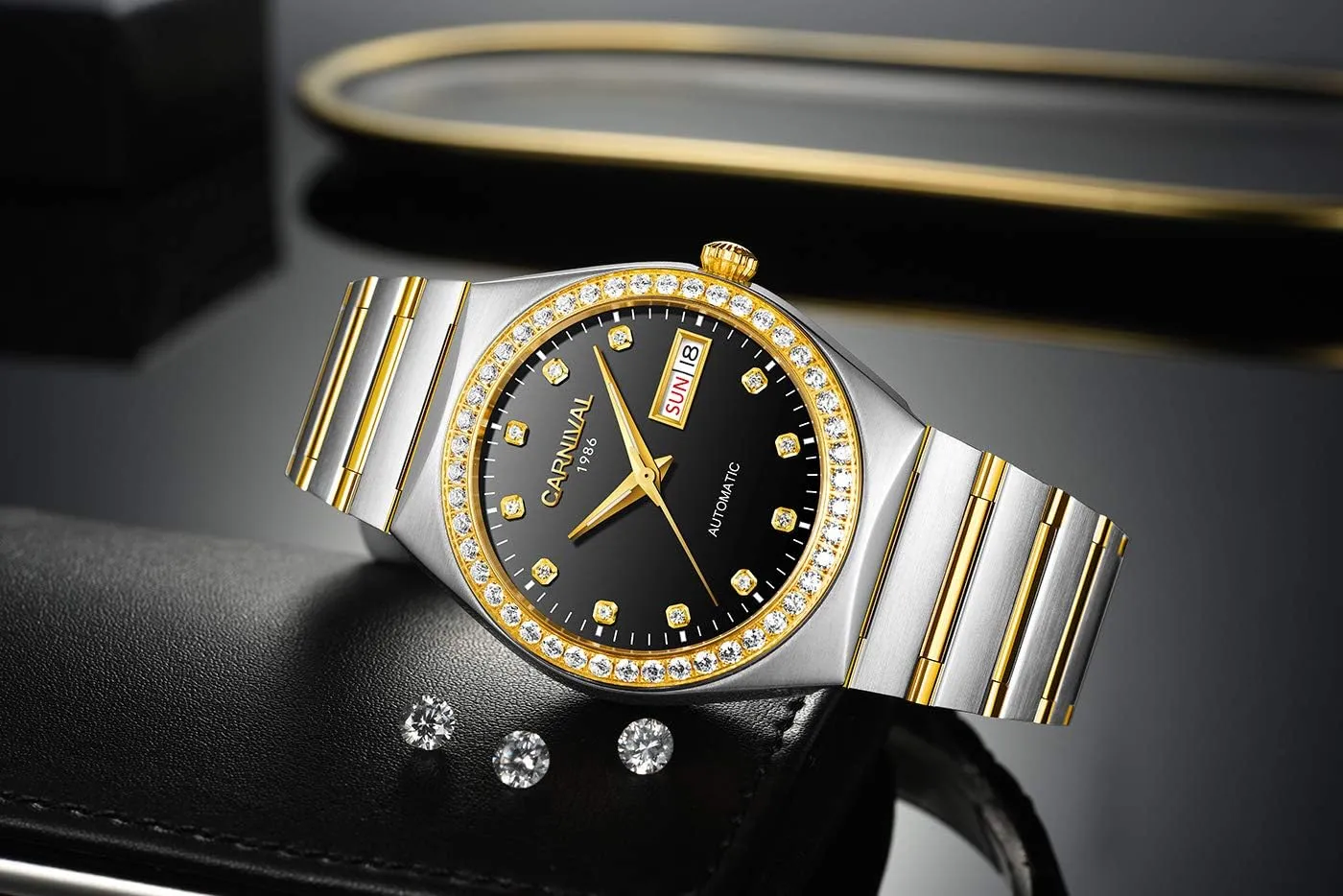 Gold Automatic Watch Sapphire Mirror Diamond Dress elemental Wrist Watches Self-Winding Men's 