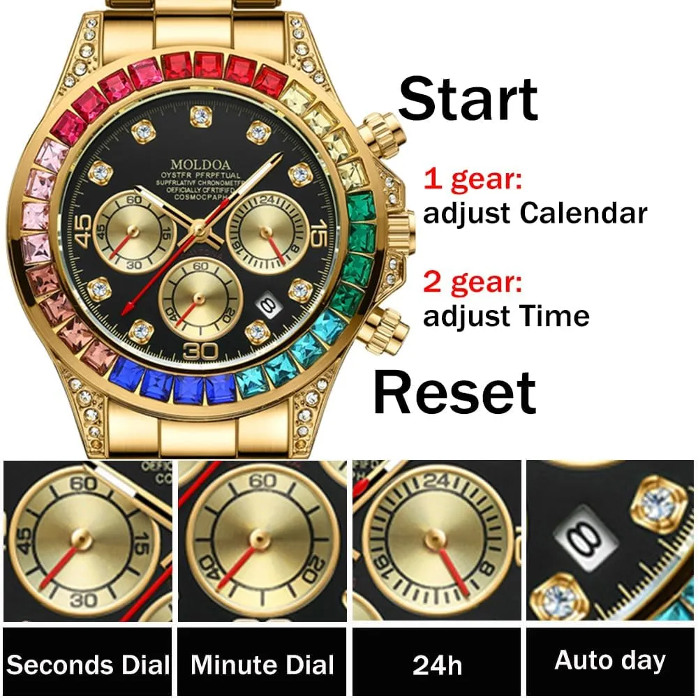 Gold Bracelet Man Watch Hip Hop Diamond Full Rhinestone overirrigation commune Business Men's Watches Waterproof Quartz Wristwatch Chronograph 