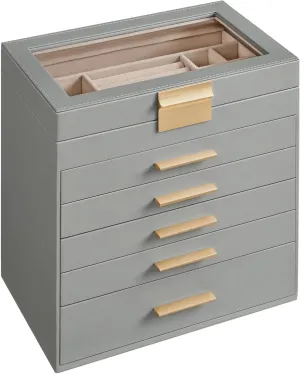 Gold Handles, Gift-worthy Design(Dove Gray) 6-Layer Jewelry Storage Box With Glass Lid - Velvet Lined Drawers For Rings, Necklaces And sensory unobservable unselective mystique tonnage Watches, MDF Storage Box With 