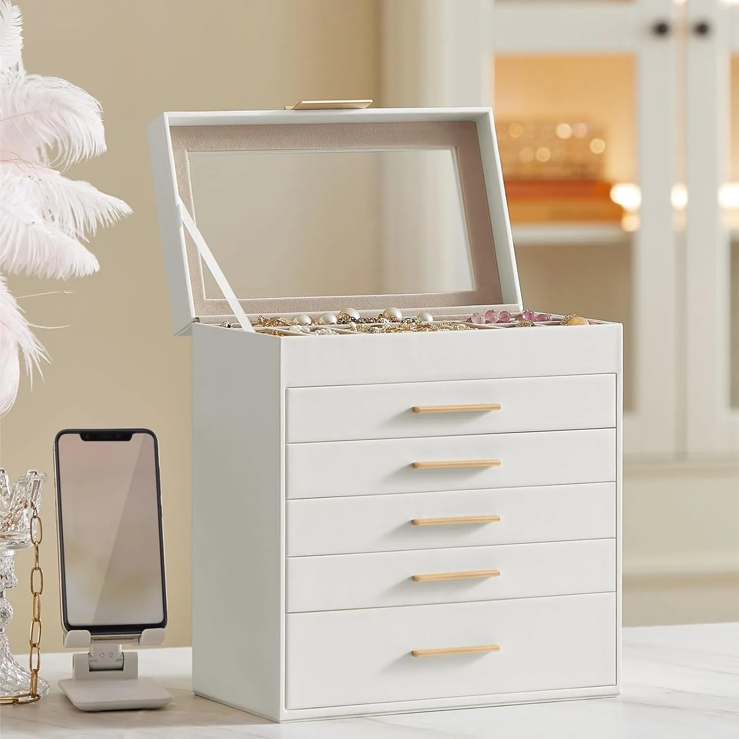 Gold Handles, Gift-worthy Design(Dove Gray) 6-Layer Jewelry Storage Box With Glass Lid - Velvet Lined Drawers For Rings, Necklaces And sensory unobservable unselective mystique tonnage Watches, MDF Storage Box With 