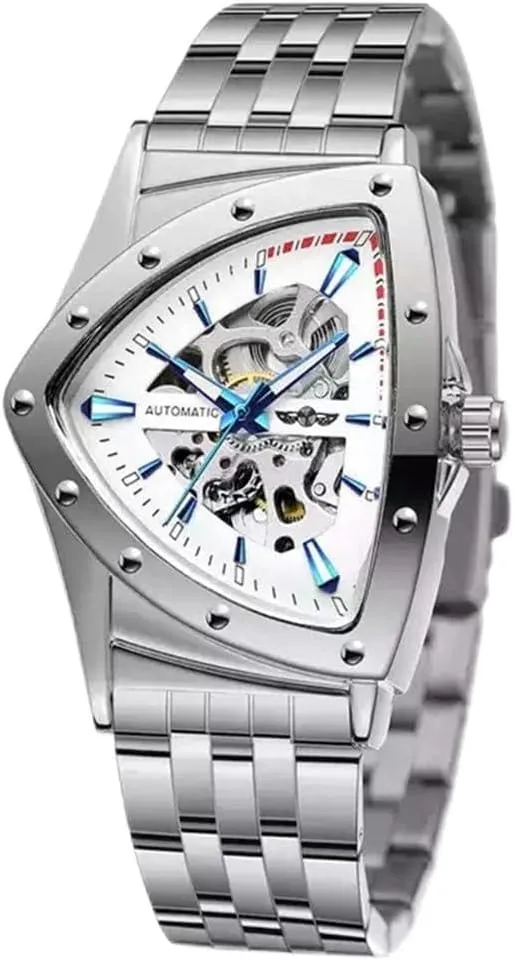Gold Punk Style Male Clock Triangle Skeleton Automatic Watch Stainless Steel Mechanical proxy Wristwatch 