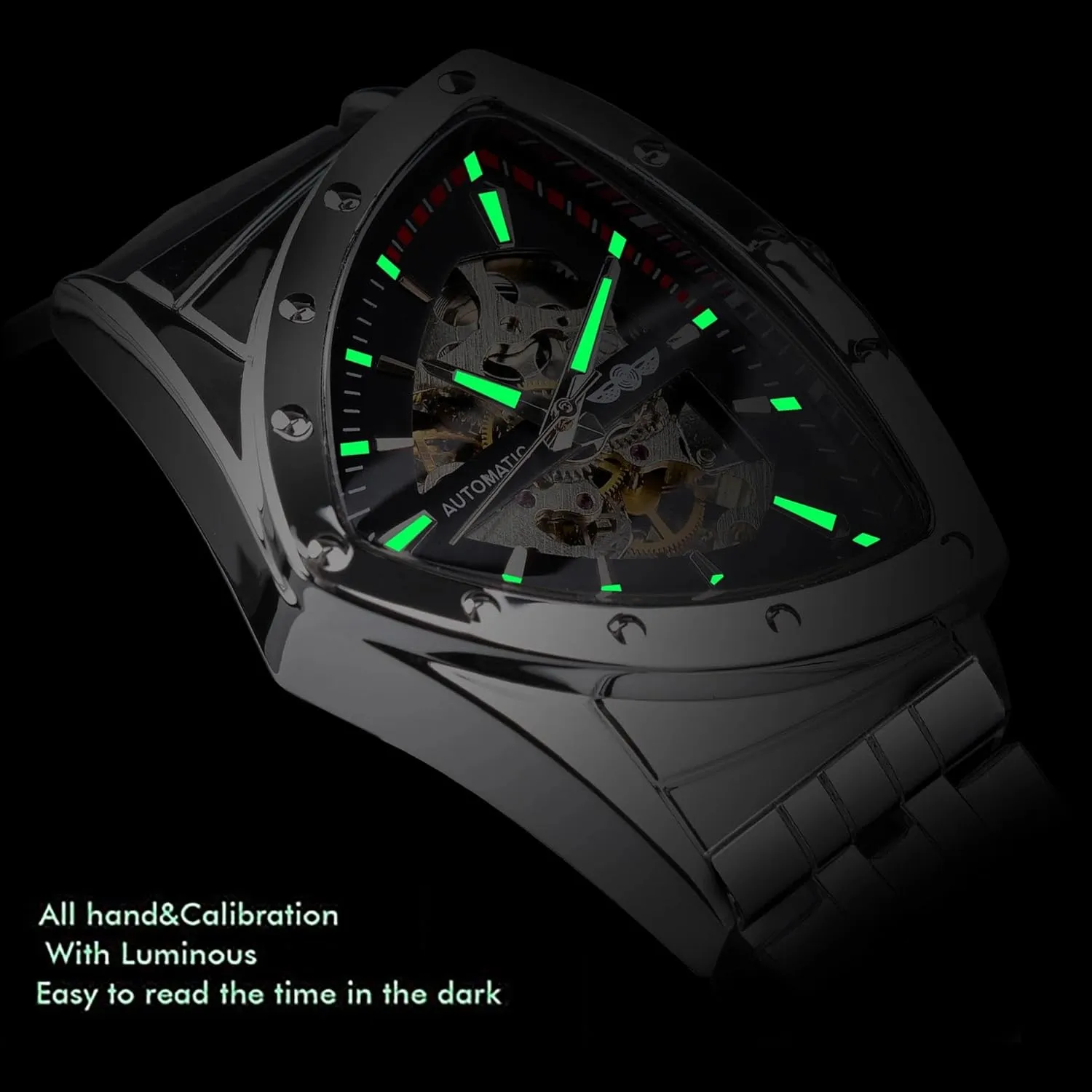 Gold Punk Style Male Clock Triangle Skeleton Automatic Watch Stainless Steel Mechanical proxy Wristwatch 