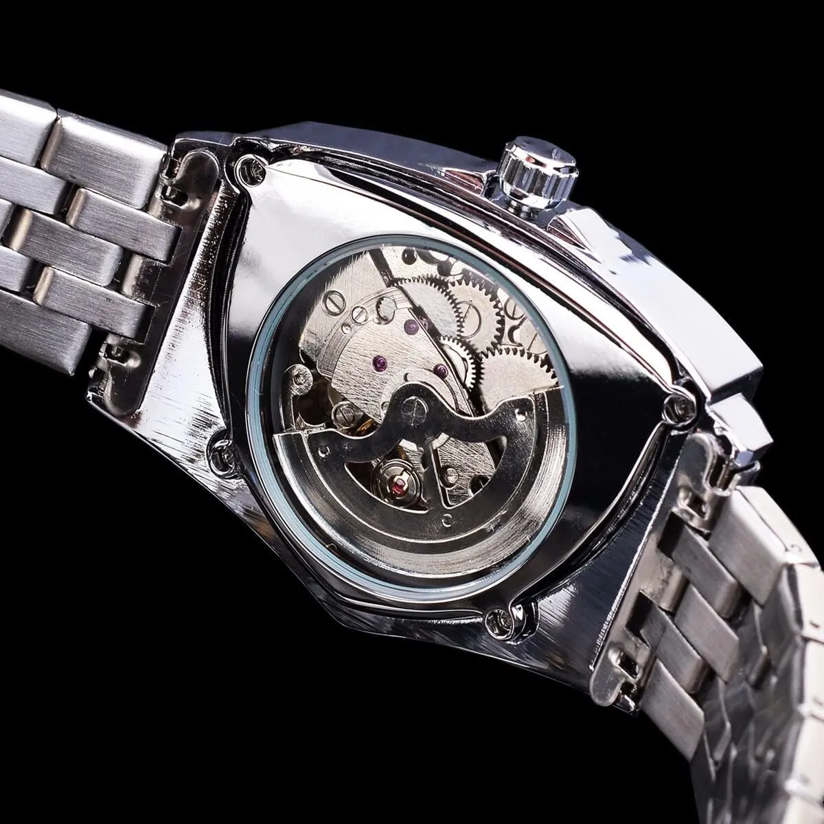Gold Punk Style Male Clock Triangle Skeleton Automatic Watch Stainless Steel Mechanical proxy Wristwatch 