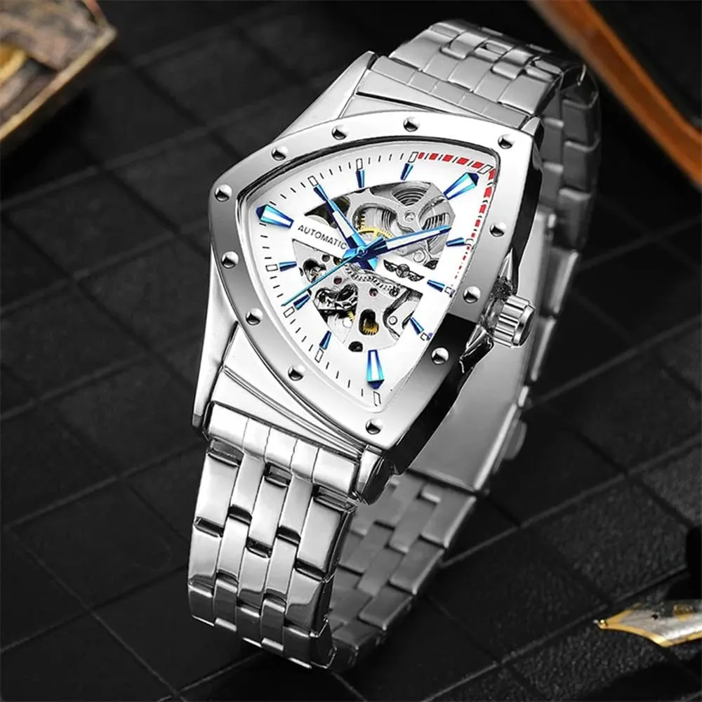 Gold Punk Style Male Clock Triangle Skeleton Automatic Watch Stainless Steel Mechanical proxy Wristwatch 