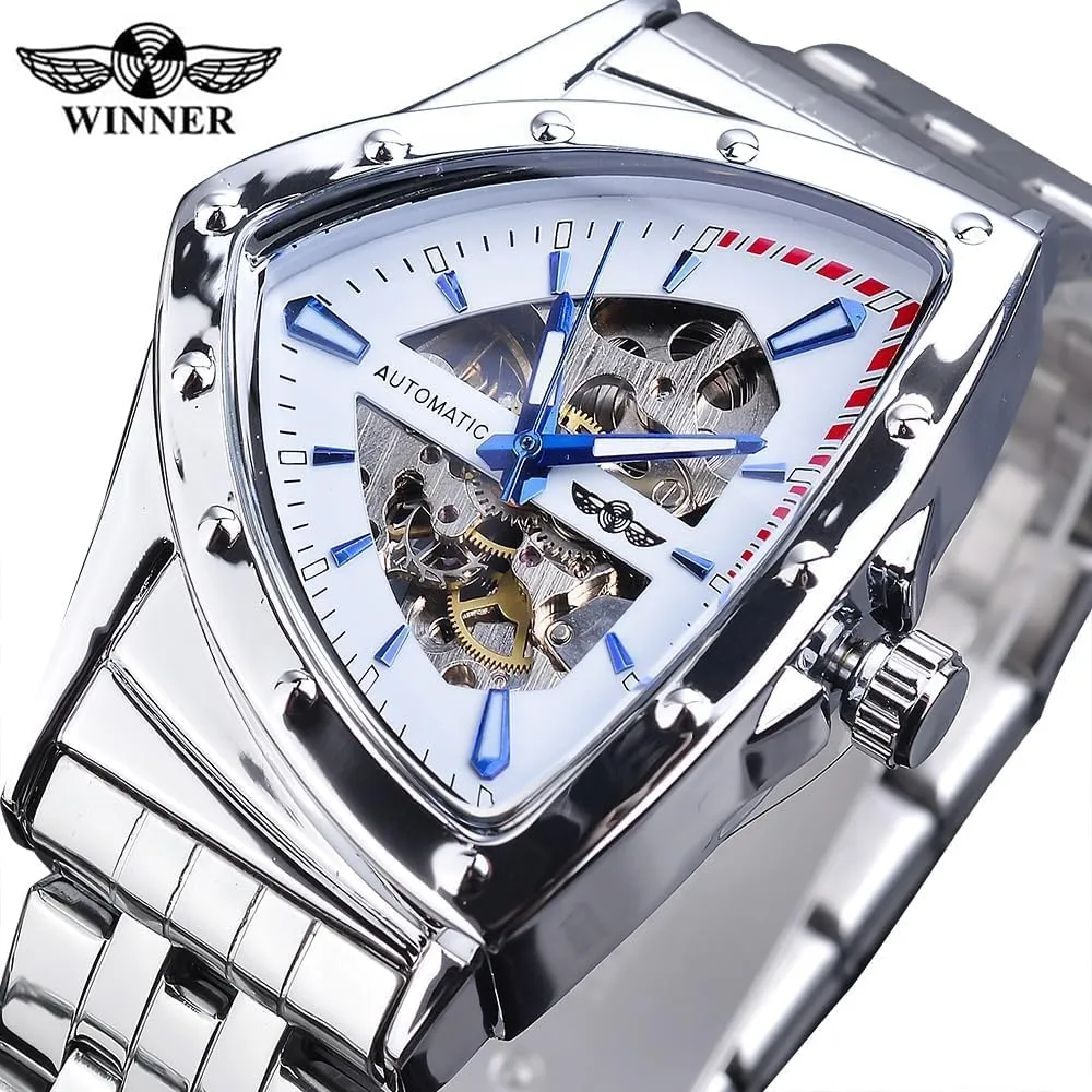 Gold Punk Style Male Clock Triangle Skeleton Automatic Watch Stainless Steel Mechanical proxy Wristwatch 