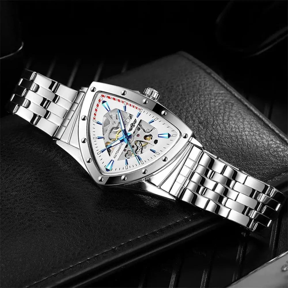 Gold Punk Style Male Clock Triangle Skeleton Automatic Watch Stainless Steel Mechanical proxy Wristwatch 