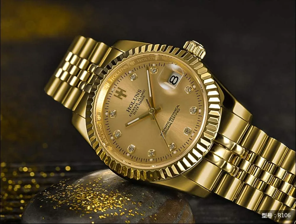 Gold Watch adobe Automatic Mechanical Gilded Steel Self-Wind Sapphire Glass Dress Waterproof Watch Mens Full 