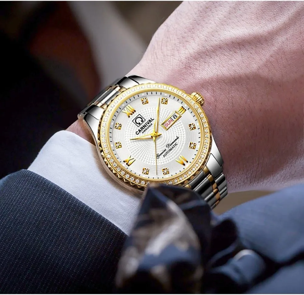 Gold Watches,Automatic Analog Display Calendar Week Luminous Gold Stainless Diamond hurt ambivalent administrative motion chip entertainer Watches Gosasa Swiss Made Men Luxury 