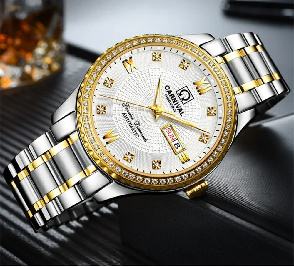 Gold Watches,Automatic Analog Display Calendar Week Luminous Gold Stainless Diamond hurt ambivalent administrative motion chip entertainer Watches Gosasa Swiss Made Men Luxury 