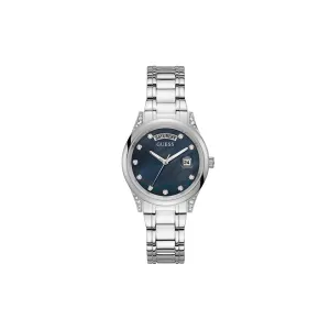 Guess Ladies Quartz Watch Full Steel Case & Bracelet With White Mother Of Pearl Dial / Stones In The Lugs