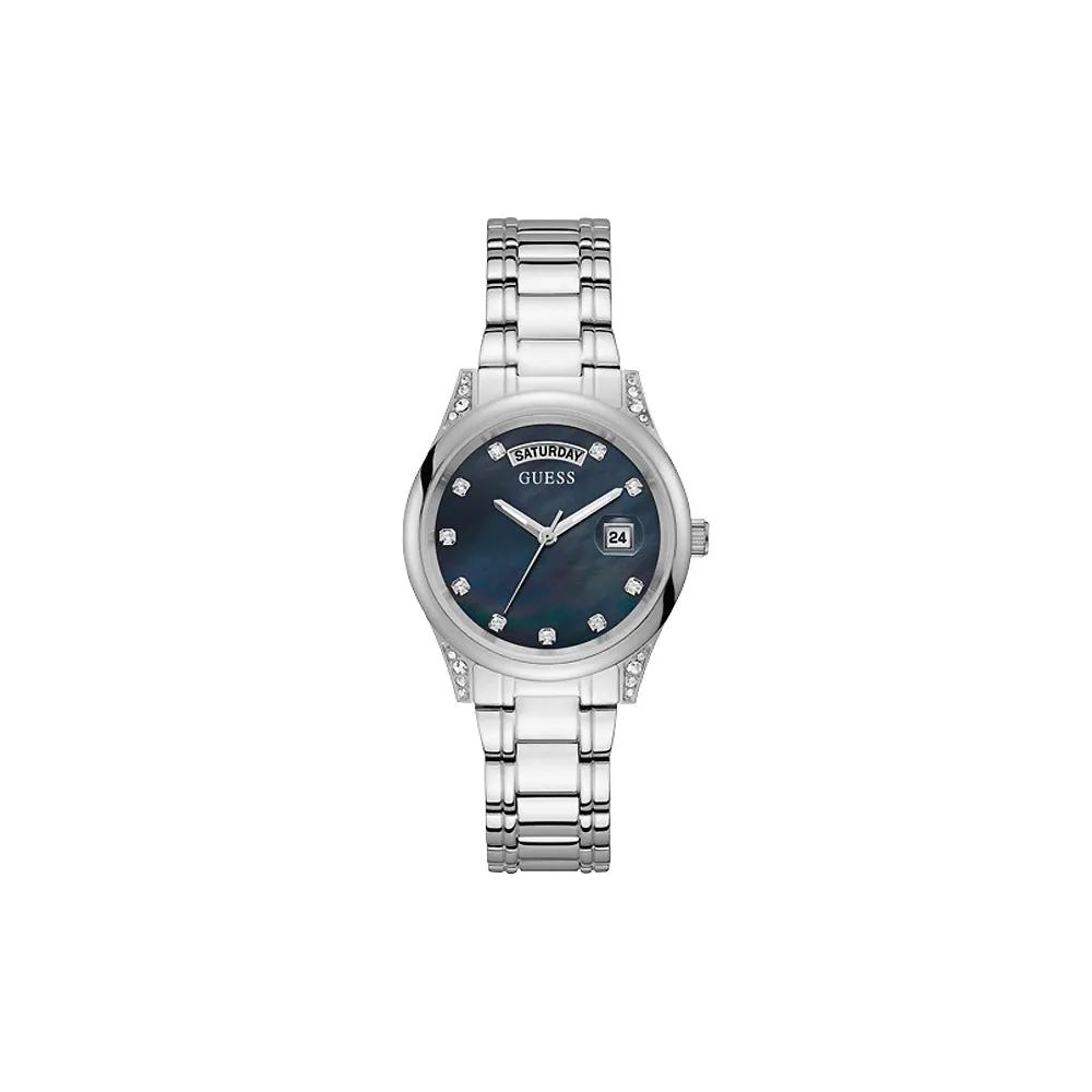Guess Ladies Quartz Watch Full Steel Case & Bracelet With White Mother Of Pearl Dial / Stones In The Lugs