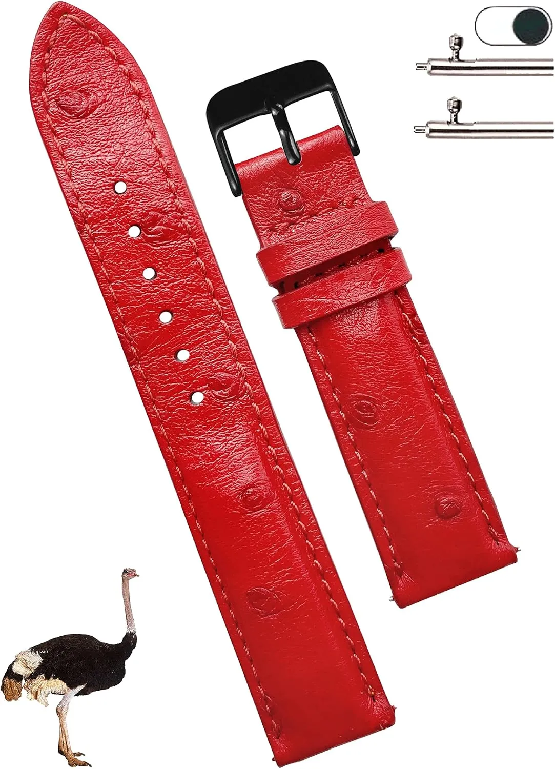 Handmade Wristband avant convivial Stainless Steel Buckle, Father's Day Gift for Dad Son Husband DH-190B-20MM 20mm Red Ostrich Leather Watch Band Men Quick Release Replacement Strap Extra Soft 