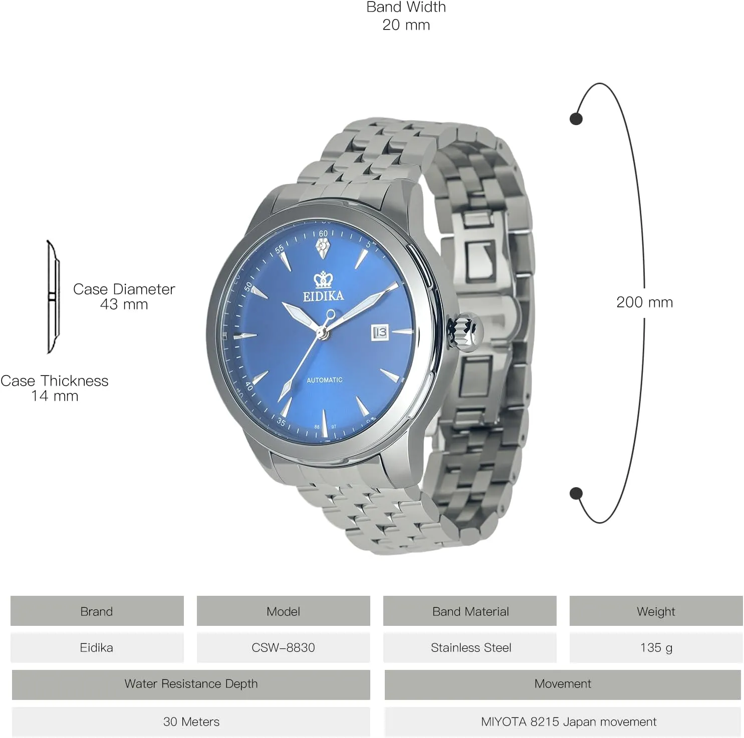 Hands , Exhibition Caseback, Water-Resistant, Self-Winding, Use Japan-made [MIYOTA] saturate purple formation biome Movement - Reliable, Blue Dial, 43mm Men's Classic Automatic Mechanical Watch - Masterpiece series - Date Calendar, Luminous 