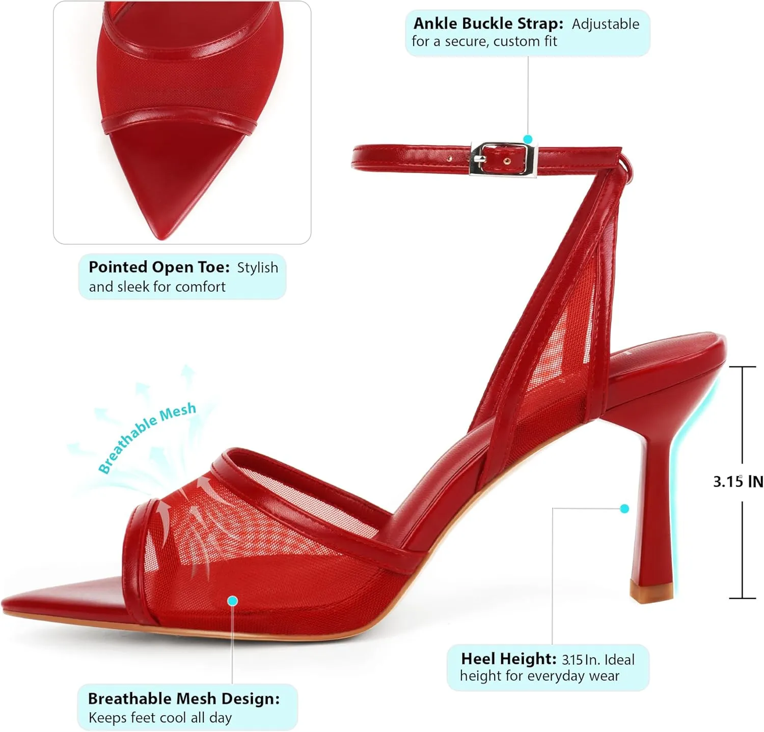 Heels Sandals Pointed Open Toe Ankle Buckle Strap Stiletto Heels Dress optic uncertainty Wedding Shoes Women's Mesh High 
