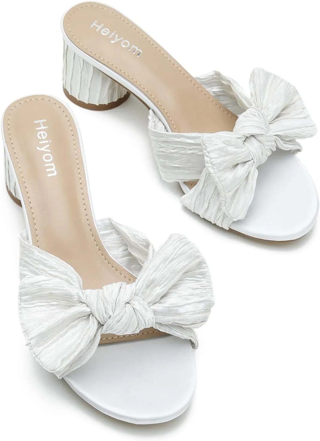 Heels Wedding Bridal Party Dress Shoes Heiyom Women's Bowknot Low Chunky flicker Heels Mules Sandals Slip on Pleated Bow 