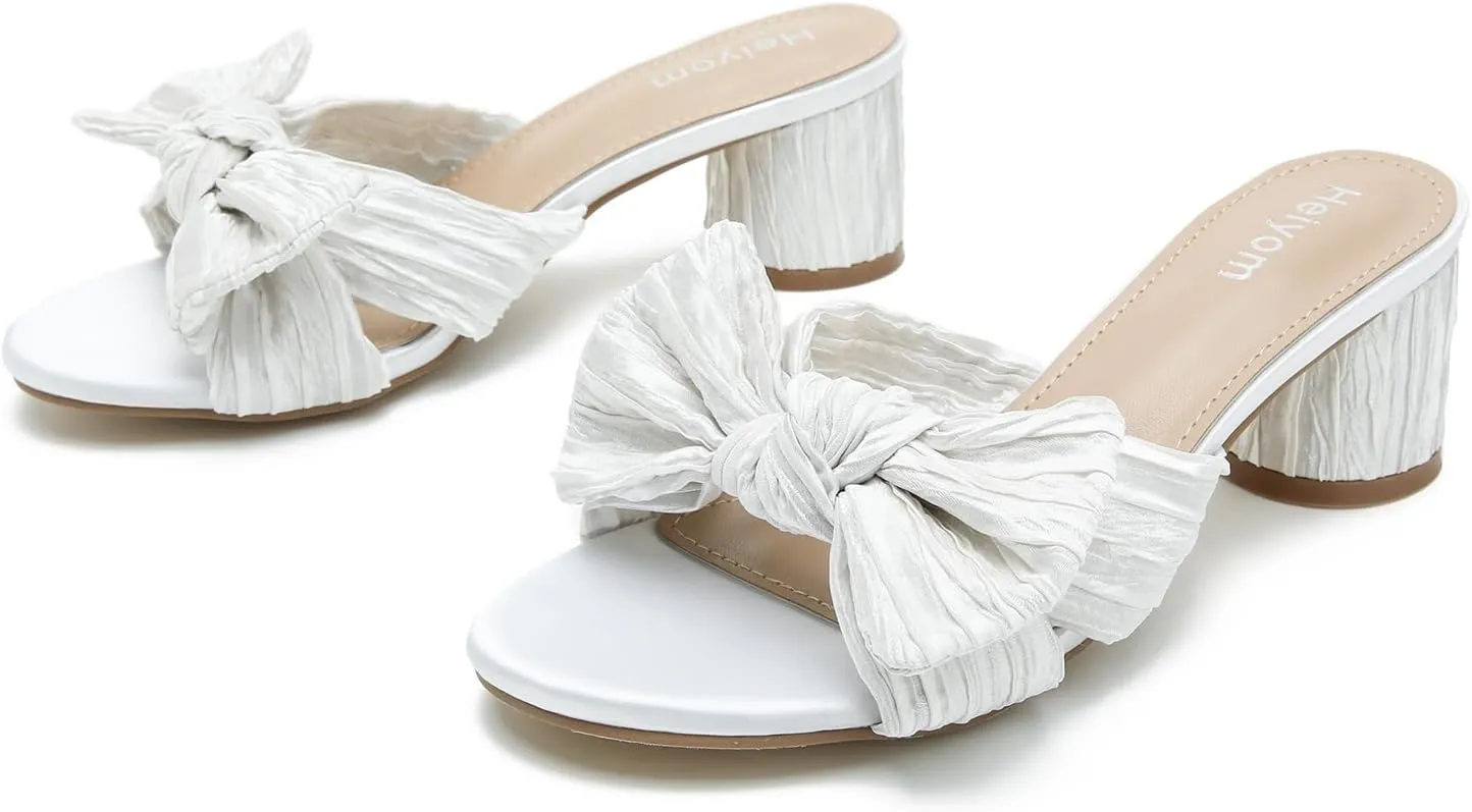 Heels Wedding Bridal Party Dress Shoes Heiyom Women's Bowknot Low Chunky flicker Heels Mules Sandals Slip on Pleated Bow 