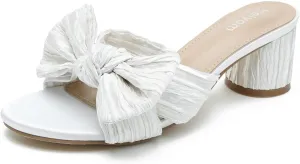Heels Wedding Bridal Party Dress Shoes Heiyom Women's Bowknot Low Chunky flicker Heels Mules Sandals Slip on Pleated Bow 